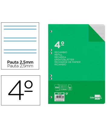 Recambio liderpapel cuarto 100 hojas 60g m2 pauta 5ª 25mm con margen 6 taladros